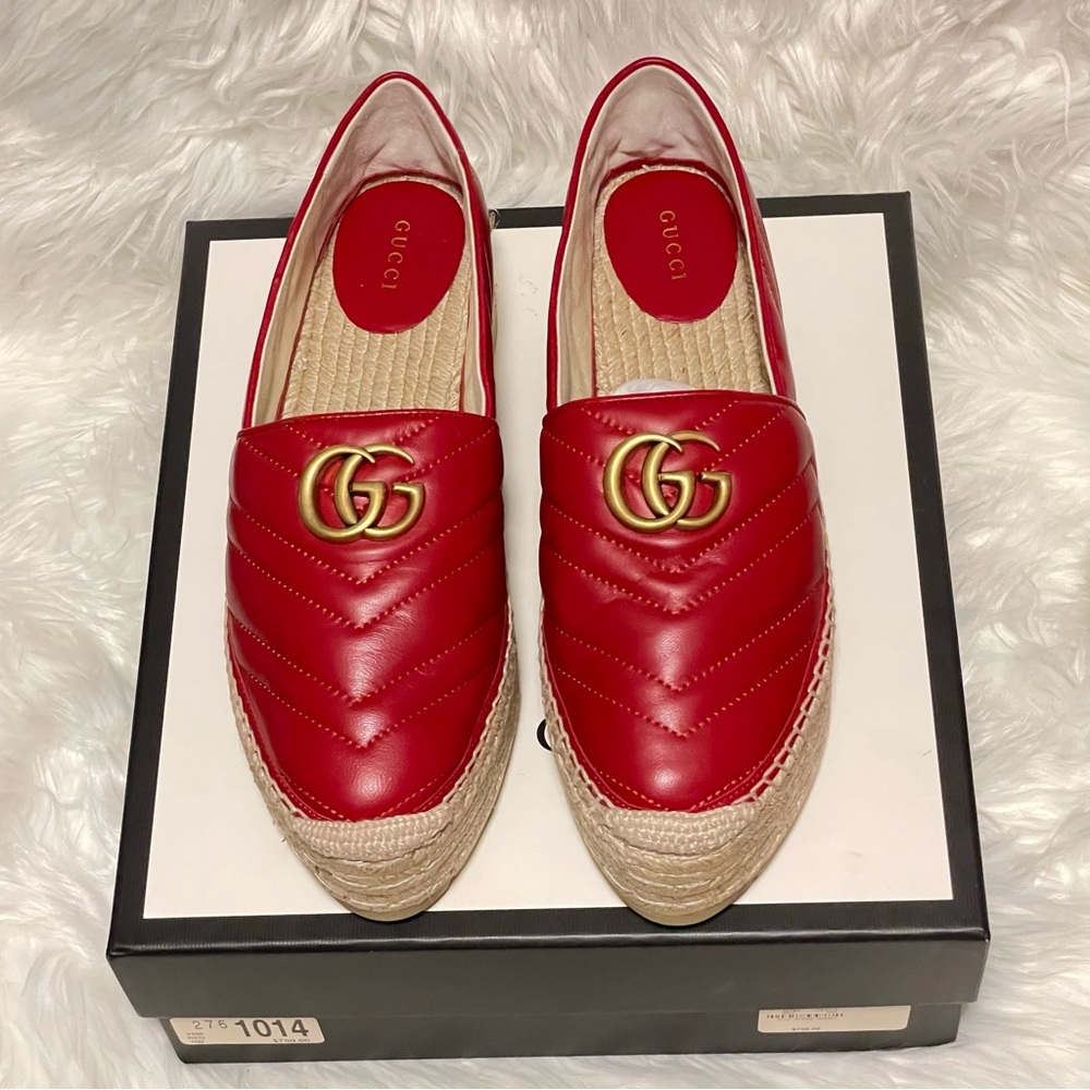 Gucci Red Matelassé Leather GG Marmont Pilar Platform Espadrille Flats size 40